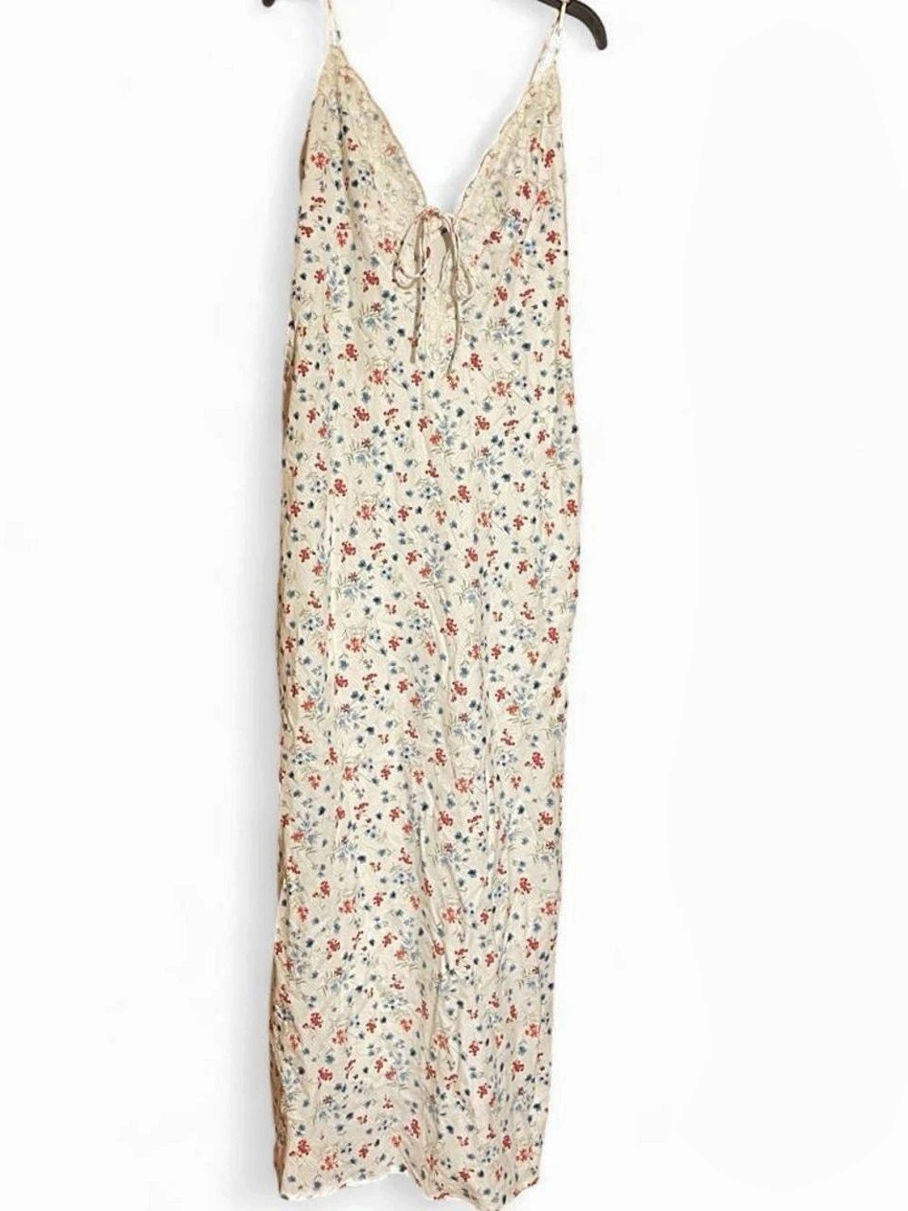 Wild Fable Floral Lace-Trim Maxi Slip Dress Cream & Red Small